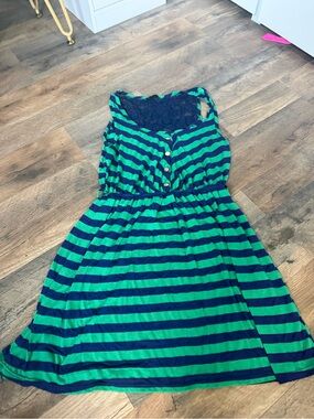 Trendy boutique Navy and Teal Striped Sleeveless Fit & Flare Dress